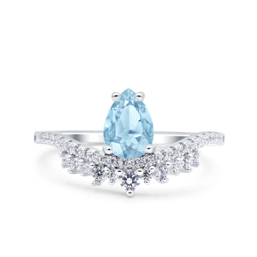 Art Deco Solitaire Accent Pear Wedding Bridal Ring Band Simulated Aquamarine CZ 925 Sterling Silver